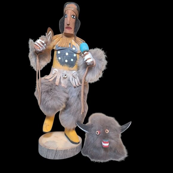 Kachina Doll Buffalo Mask RB Vintage Native Folk Art Indian Fur Wood 12 Inch - Picture 2 of 13